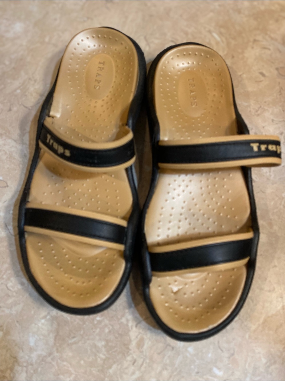 TRAPS Women's Black and Tan Slide Sandals with Dual Straps